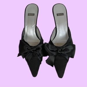 costa blanco black textured mules sling back ribbon bow kitten heels